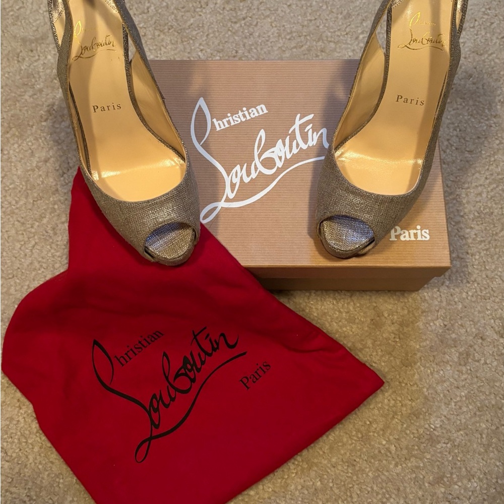 Christian Louboutin Glittering Silver Peep-Toe Heels